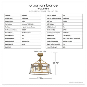 Urban Ambiance - Ceiling Fan - UQL9090 Traditional Indoor Ceiling Fan, 15.75''H x 22.00''W x 22.00''D, Weathered Brass Finish, Guildford Collection - 