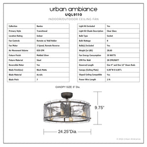 Urban Ambiance - Ceiling Fan - UQL9110 Tuscan Indoor Ceiling Fan, 9.75''H x 24.25''W x 24.25''D, Mottled Silver Finish, Nantes Collection - 