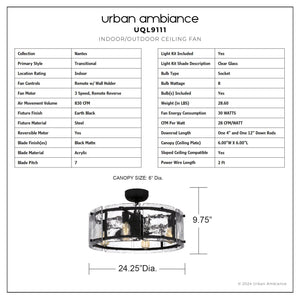 Urban Ambiance - Ceiling Fan - UQL9111 Tuscan Indoor Ceiling Fan, 9.75''H x 24.25''W x 24.25''D, Earth Black Finish, Nantes Collection - 