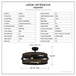Urban Ambiance - Ceiling Fan - UQL9120 Modern Rustic Indoor Ceiling Fan, 10.25''H x 23.75''W x 23.75''D, Matte Black Finish, Bendigo Collection - 