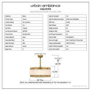 Urban Ambiance - Ceiling Fan - UQL9150 Glam Indoor Ceiling Fan, 11.75''H x 24.00''W x 24.00''Dep, Brushed Gold Finish, Edina Collection - 