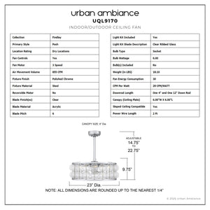 Urban Ambiance - Ceiling Fan - UQL9170 Contemporary Indoor Ceiling Fan, 9.75''H x 23.00''W x 23.00''Dep, Polished Chrome Finish, Findlay Collection - 