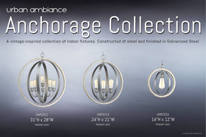 Three UHP2213 Vintage Chandeliers from the Anchorage Collection by Urban Ambiance, each featuring a galvanized steel finish and measuring 24″H x 21-1/4″W, are displayed in varying sizes against a gray background alongside text descriptions, showcasing the vintage-inspired appeal perfect for modern interiors.