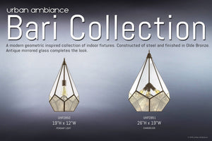 Two UHP2851 Mid-Century Modern Chandeliers from Urban Ambiance’s Bari Collection, each featuring an Olde Bronze finish and measuring 25-7/8″ x 19″, are shown against a gradient background, with dimensions and product information displayed beneath each fixture.