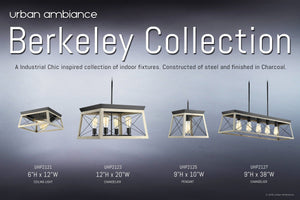 Four Urban Ambiance Berkeley Collection indoor light fixtures, including the Luxe Industrial Chandelier (Model UHP2123), measuring 12″H x 20″W with a charcoal finish, are displayed against a gray background. Each fixture features its model number, dimensions, type, and an accompanying product description.