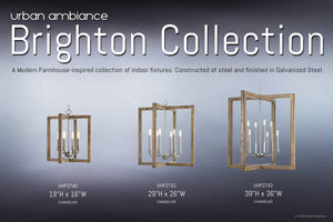 The Urban Ambiance UHP2741 Modern Farmhouse Chandelier from the Brighton Collection, crafted in a galvanized steel finish and measuring 28-3/4″H x 26″W, blends modern farmhouse style with rustic wood lighting accents. Displayed on a gray background with product details.