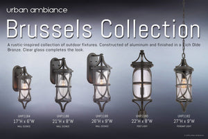 The Brussels Collection by Urban Ambiance features the UHP1182 Rustic Outdoor Pendant Light, measuring 22″ x 7-1/2″, finished in Olde Bronze. Crafted from durable die-cast aluminum with clear glass, this pendant light beautifully embodies the timeless rustic charm of Brussels outdoor lighting.