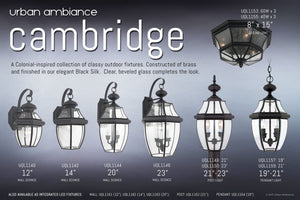 Six UQL1140 Colonial Outdoor Wall Lights from the Urban Ambiance Cambridge Collection are displayed, each measuring 11.5″ high by 7″ wide and finished in elegant Black Silk. Featuring a colonial-inspired design with clear, beveled glass, these stylish outdoor fixtures seamlessly blend classic charm with modern durability—making them perfect for enhancing any traditional exterior.