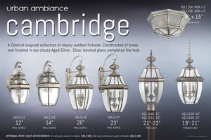 An advertisement for the beautiful and unique Urban Ambiance Cambridge Collection of Outdoor Lanterns featuring the UQL1143 Colonial Outdoor Wall Light, 14
