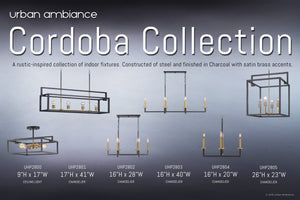 Certainly! Here’s a rewritten version of the sentence using the provided product data: The Cordoba Collection features striking rectangular steel light fixtures in modern styles, such as the Urban Ambiance UHP2803 Modern Farmhouse Chandelier, measuring 15-5/8″ x 40″ with a charcoal finish. Each fixture is labeled with model numbers, dimensions, and detailed descriptions, showcasing exposed bulb or candle-style designs that bring geometric elegance and contemporary farmhouse flair to any space.
