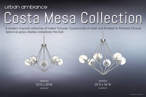 Urban Ambiance’s Costa Mesa Collection features the UHP2624 Modern Chandelier in a polished chrome finish with clear glass globes. Shown against a gray background, this striking chandelier measures 24-7/8″ x 34″ and showcases a bold modern industrial design.