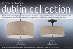 Set of two Urban Ambiance Dublin Collection UQL2231 Modern Farmhouse Semi-Flush Ceiling Lights, each measuring 12″ high by 17″ wide, featuring khaki fabric drum shades and a bronze finish for a sophisticated modern farmhouse look.
