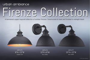 Three outdoor light fixtures from the Firenze Collection are shown: one pendant light and two Urban Ambiance UHP1177 Hammered Outdoor Wall Lights, each measuring 10-3/8″ x 12″ with a midnight black finish. All feature hammered copper-inspired shades and steel construction for a distinctive industrial design.