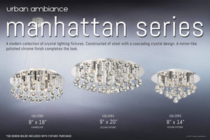 Three UQL2081 Traditional Flush Mount Ceiling Lights from Urban Ambiance’s Manhattan Collection, each featuring a polished chrome finish and measuring 9″H x 19.75″W, are displayed against a gray background with product details and measurements shown below each modern fixture.