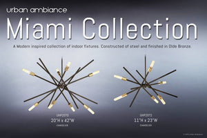 Two modern industrial chandeliers from the Miami Collection by Urban Ambiance are shown in Olde Bronze finish, each featuring exposed bulbs and dimensional labeling: 19-5/8″H x 42-3/8″W (Model: UHP2070). These striking fixtures capture a modern vintage aesthetic, making them an eye-catching addition to any interior.