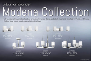 Urban Ambiance’s Modena Collection includes the UHP2601 Transitional Bathroom Vanity Light, measuring 6.5″ high by 13″ wide, and featuring a polished chrome finish. This elegant fixture is displayed against a gray background.