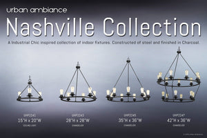 Four Luxe Industrial Chandeliers from the Nashville Collection by Urban Ambiance, each in varying sizes and configurations and featuring a charcoal finish, are displayed against a gray background with descriptive text above—perfect examples of vintage-inspired lighting for modern spaces.