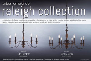 Two Urban Ambiance Raleigh Collection chandeliers, model UQL2350, are showcased—measuring 14.25 inches high by 24 inches wide—with a rustic bronze finish and subtle wood-tone accents. Their exposed bulbs and sweeping arms create a warm Americana style, with size and model details listed below each fixture.