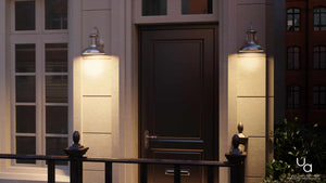 An image of a front door with the Urban Ambiance UHP1022 Industrial Chic Outdoor Wall Light, Aged Nickel Finish.