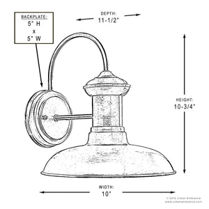 Black and white diagram of the Urban Ambiance UHP1023 Luxe Industrial Outdoor Wall Light from the Palermo Collection, showing a wall-mounted fixture in a solid copper finish with labeled dimensions: 10.75″ height, 10″ width, 11.5″ depth, and a backplate measuring 5″ high by 5″ wide.