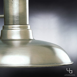 Close-up of the UHP1025 Luxe Industrial Chic Outdoor Wall Light from Urban Ambiance’s Palermo Collection, featuring a curved shade and cylindrical stem in an aged nickel finish, with subtle industrial design accents, set against a neutral gradient background. Fixture dimensions: 10.75″H x 10″W.