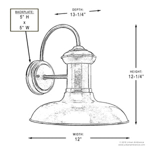 A drawing showing the dimensions of a unique Urban Ambiance UHP1030 Industrial Chic Outdoor Wall Light, 12.375