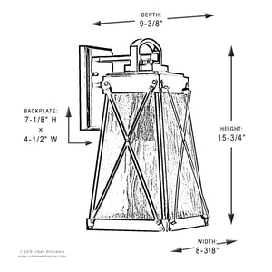Black and white diagram of the Urban Ambiance UHP1053 English Country Outdoor Wall Light from the Saint Paul Collection, shown with labeled dimensions: depth 9-3/8″, height 15-3/4″, width 8-3/8″, backplate size 7-1/8″ H x 4-1/2″ W; features a Midnight Black finish.