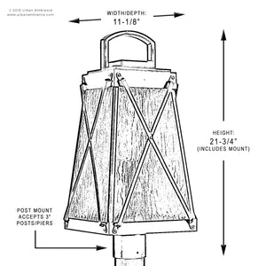 Black and white diagram of the Urban Ambiance UHP1057 English Country Outdoor Post/Pier Light from the Saint Paul Collection, shown in a Midnight Black finish. The fixture features labeled dimensions: 10-1/2″ wide and 21-3/4″ high (including mount). Designed in an English-Tudor lantern style, it is displayed with a post mount compatible with standard 3″ posts or piers.