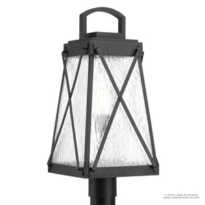 Here is a rewritten version using your product data: The Urban Ambiance UHP1057 English Country Outdoor Post/Pier Light from the Saint Paul Collection features a 21-3/4″ tall rectangular design in midnight black, adorned with clear textured glass panels and crisscross metal accents for a vintage lantern look inspired by English-Tudor style.
