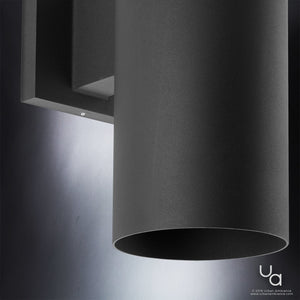 An Urban Ambiance UHP1062 Contemporary Outdoor Wall Light with a black shade, part of the Hollywood Collection, boasting a beautiful and unique design in a Midnight Black Finish.