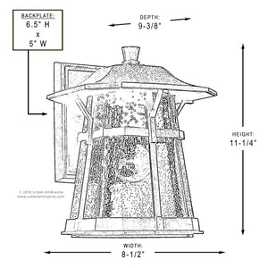 Black and white diagram of the Urban Ambiance UHP1071 Rustic Outdoor Wall Light from the Gold Coast Collection, showing labeled dimensions: 11.25″ height, 8.5″ width, 9.375″ depth, and a 6.5″ x 5″ backplate. Featuring a coffee bronze finish and seeded glass with a tapered, textured shade, this fixture is ideal for bringing rustic coastal lighting to your exterior spaces.