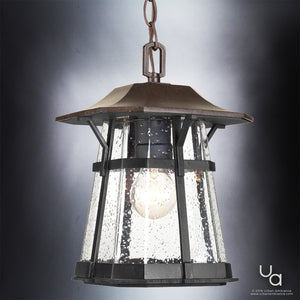 A luxury UHP1074 Rustic Outdoor Pendant Light with a clear glass shade.