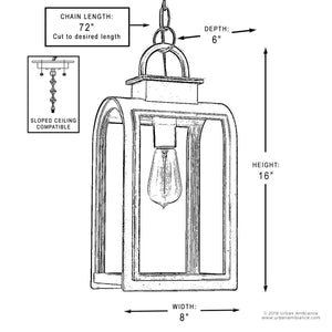 A unique drawing showcasing the dimensions of a luxury UHP1104 Art Deco Outdoor Pendant Light from the Chesterfield Collection by Urban Ambiance.