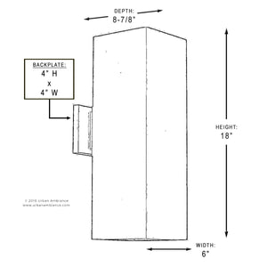 Line drawing of the UHP1112 Minimalist Outdoor Wall Light from the Madrid Collection by Urban Ambiance, shown in a rectangular design with labeled dimensions: 18″ height, 6″ width, 8-7/8″ depth, and a backplate that measures 4″ high by 4″ wide; finished in Midnight Black.