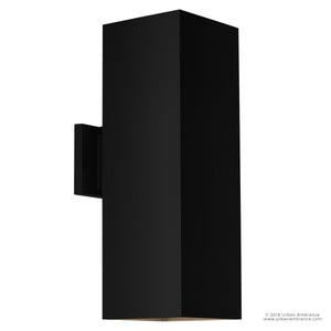 The Urban Ambiance UHP1112 Minimalist Outdoor Wall Light from the Madrid Collection features a modern rectangular silhouette in a midnight black finish, crafted from durable die-cast aluminum and mounted on a small square base, set against a plain white background. The fixture measures 18 inches high by 6 inches wide.