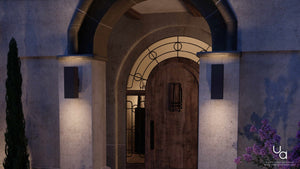 An image of a front door with the unique UHP1113 Minimalist Outdoor Wall Light from the Madrid Collection by Urban Ambiance.