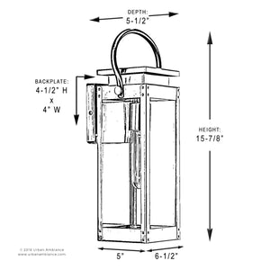 A beautiful drawing showcasing the dimensions of a luxury Urban Ambiance UHP1130 Modern Farmhouse Outdoor Wall Light.