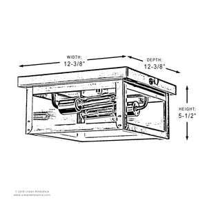Black and white line drawing of the Urban Ambiance UHP1133 Modern Farmhouse Outdoor Ceiling light from the Darwin Collection, featuring a sturdy stainless steel frame with visible wiring and bulbs. Dimensions: 12-3/8 inches wide, 12-3/8 inches deep, and 5-1/2 inches high.