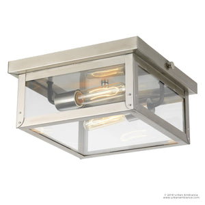 The Urban Ambiance UHP1133 Modern Farmhouse Outdoor Ceiling Light from the Darwin Collection features a square brushed metal and glass design with two exposed bulbs enclosed in a durable stainless steel frame. Measuring 5-1/2″ high by 12-3/8″ wide, this nautical-inspired fixture combines style and functionality, making it an excellent choice for outdoor ceiling lighting.