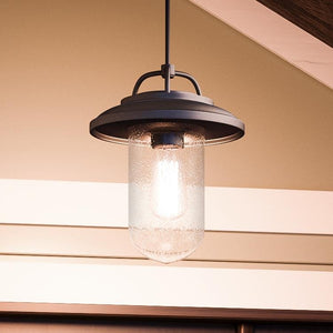 An Urban Ambiance UHP1141 Modern Farmhouse Farmhouse Outdoor Pendant Light, 12-5/8" x 10", Black Finish from the Murcia Collection beautifully hanging from a ceiling