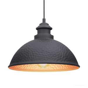 Bring vintage rustic charm to any space with the Urban Ambiance UHP1171 Hammered Outdoor Pendant Light from the Firenze Collection. This 8″ x 12″ dome fixture showcases a striking midnight black finish and hammered texture, suspended by a cord for an elegant look. The pendant features a warm gold interior and accommodates a visible bulb, creating inviting illumination with stylish two-tone appeal.