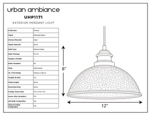 Black and white diagram of the UHP1171 Hammered Outdoor Pendant Light from the Firenze Collection by Urban Ambiance—a two-tone dome pendant fixture with a honeycomb pattern in a midnight black finish—labeled measurements of 8 inches high and 12 inches wide, with a specification table on the left.