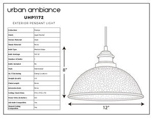 A diagram displaying the dimensions of the gorgeous UHP1172 Hammered Outdoor Pendant Light from the Firenze Collection by Urban Ambiance, with an 8