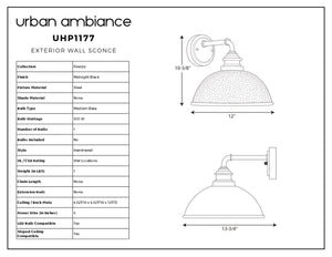 Technical drawing of the UHP1177 Hammered Outdoor Wall Light from Urban Ambiance’s Firenze Collection, showcasing an industrial design with a midnight black finish; dimensions (10-3/8″ x 12″) and specifications are presented in a table on the left, alongside side profile diagrams on the right.