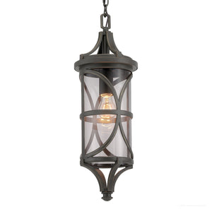 The Urban Ambiance UHP1182 Rustic Outdoor Pendant Light features a dark olde bronze die-cast aluminum frame, clear glass panels, and a visible bulb inside, making it an ideal choice for adding classic charm to any Brussels Collection outdoor lighting arrangement.
