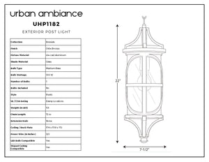 The Urban Ambiance UHP1182 Rustic Outdoor Pendant Light from the Brussels Collection features a die-cast aluminum construction with an olde bronze finish, measures 22 inches tall by 7-1/2 inches wide, has a clear glass shade and accommodates one medium base bulb; its rustic style is ideal for damp locations.