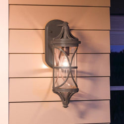 A unique urban outdoor lighting fixture, the Urban Ambiance UHP1187 Rustic Wall Light adds a touch of luxury with its aged pewter finish from the Brussels Collection, perfect for ad