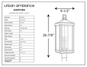 Line drawing of the Urban Ambiance UHP1190 Colonial Outdoor Post / Pier Light from the Calderdale Collection, measuring 26-7/8″ tall and 9-1/2″ wide; spec table lists features including an aluminum frame, beveled glass lantern detail, compatibility with a 60W bulb, and an olde bronze finish.