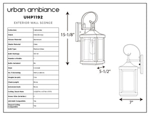 Diagram and specifications sheet for the Urban Ambiance UHP1192 Colonial Outdoor Wall Light from the Calderdale Collection, featuring a comprehensive table of key product details and dimensions. This 15-1/8″ x 5-1/2″ exterior wall fixture showcases an elegant Olde Bronze finish paired with clear beveled glass panels.