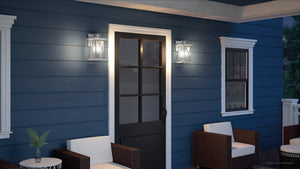 A rendering of a beautiful blue porch with Urban Ambiance's UHP1223 Colonial Outdoor Wall Light, 16